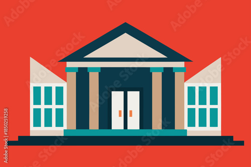 Symmetrical Architectural Elevation of a Modern Library - Contemporary Public Building Design Vector Illustration