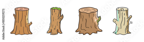 Variety of hand-drawn tree stumps with textured bark and cut surfaces