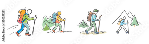 Hand-drawn line art of people trekking through mountains with backpacks