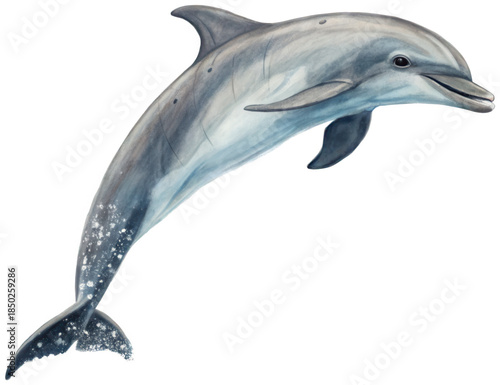 A sleek, realistically rendered gray dolphin with a smooth, wet skin texture gracefully leaps out of dark, turbulent water, creating a splash of white foam and, isolated on transparent background.