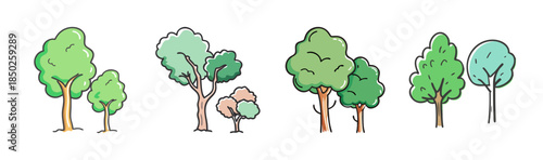 Assortment of simple, hand-drawn trees with green foliage and brown trunks
