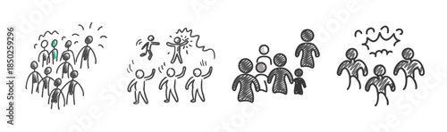 Doodle sketches of diverse groups of people in various poses and emotions