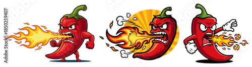 Set of spicy red chili pepper characters breathing fire