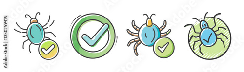 Set of four cartoon bug icons with checkmark symbols, vector illustration