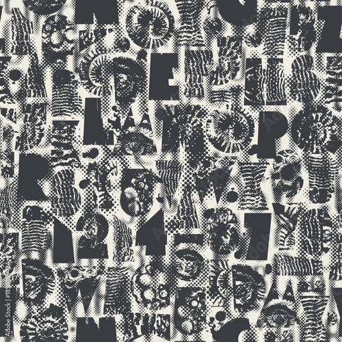 Abstract vector seamless pattern with font consisting of geometric shapes with texture, shells on marine theme. Fabric, textile, t-shirt design, tiles, wallpaper, wrapping paper. No Ai 