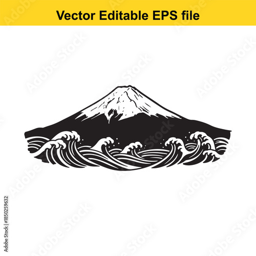  vector illustration of a stylized mountain with waves in a classic japanese art style