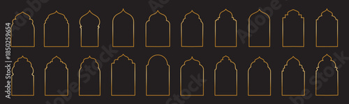 Traditional islamic window shapes in oriental style. Set of black silhouette eid mubarak decorative arches, moroccan gates or mosque borders. Arabic muslim architecture frames, ramadan design elements