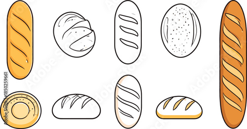 Collection of Artisan Bread Outlines Featuring Baguettes Loaves and Rolls for Bakery Branding