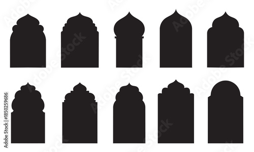 Traditional islamic window shapes in oriental style. Set of black silhouette eid mubarak decorative arches, moroccan gates or mosque borders. Arabic muslim architecture frames, ramadan design elements