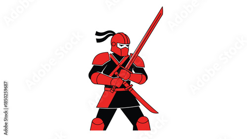 Stylized illustration of a fierce ninja warrior in a red and black suit, wearing a mask and holding a sharp katana sword, ready for combat.