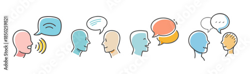 Illustrations of people talking, conveying communication and conversation concepts.