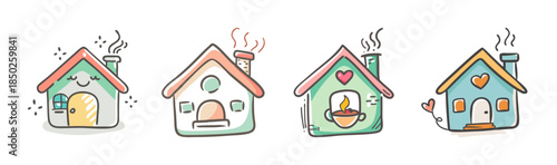 Four charming cartoon houses with smoking chimneys and heart details