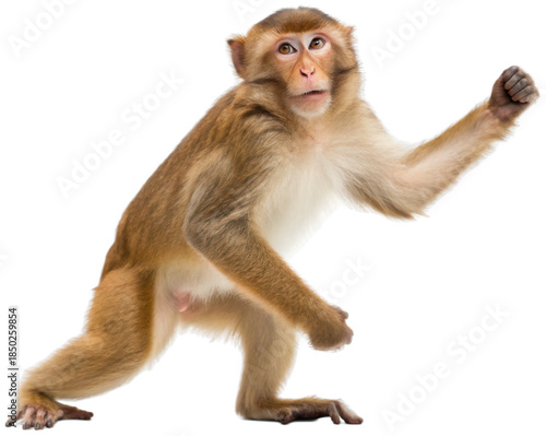 A realistically rendered, light brown and tan-furred macaque monkey with expressive brown eyes and a slightly furrowed brow, dynamically reaching out with one, isolated on transparent background.