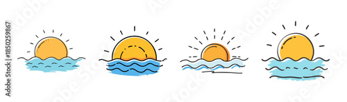 Four hand-drawn icons of a sun setting over wavy blue water, summer vibe