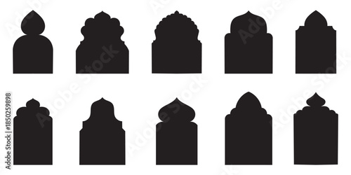Old mosque windows shape in oriental style. Islamic door set, flat arabic frames or arabian arches silhouette. Muslim architecture geometric design elements, moroccan minimal arcs. Ramadan kareem gate