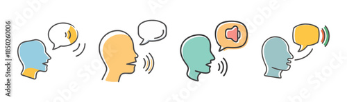 Four hand-drawn icons of people talking with speech bubbles and sound waves.