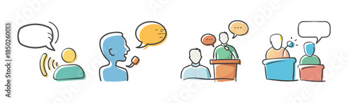 Collection of hand-drawn figures speaking and in discussion with bubbles