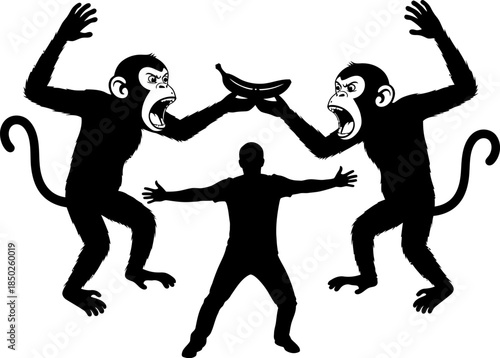 Two angry monkeys fighting over a banana with a man in the middle arguing
