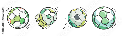 Set of soccer balls in motion with green and white panels, dynamic action