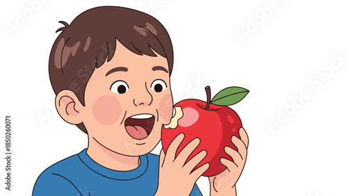 Happy young boy with bright eyes and a big smile eagerly taking a large bite out of a fresh, crisp red apple, enjoying a healthy snack.