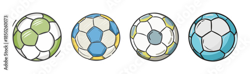 Collection of colorful soccer balls with unique panel designs, ready for play
