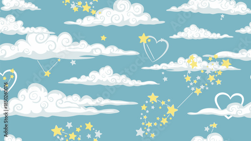 Whimsical clouds and stars in a dreamy blue sky background