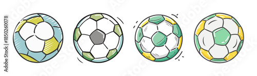 Assortment of soccer balls with yellow, green, and blue panels, classic design