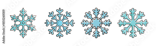 Set of four detailed blue snowflakes with stylized ice crystal patterns