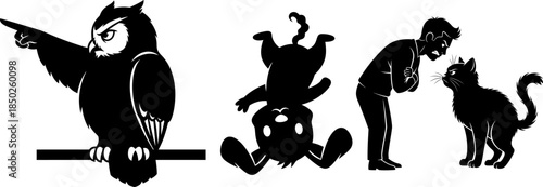 Black silhouette of an owl pointing a finger a cat and an angry man vector