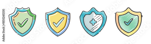 Four hand-drawn shield icons with checkmarks and plus signs for security.