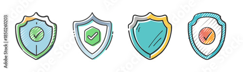 Collection of four hand-drawn shield icons representing security and approval.