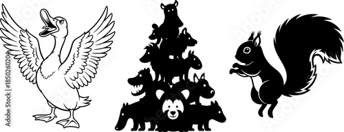 Duck, Animal Pyramid, and Squirrel in Black and White Silhouettes bird animals