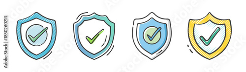 Collection of four doodle-style shield icons with green check marks