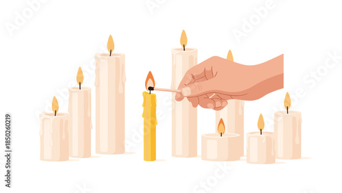 A hand carefully lighting a golden yellow candle with a matchstick amidst a cluster of softly glowing white candles, creating warm ambiance.