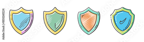 Four hand-drawn shield icons in various pastel colors, some with check marks