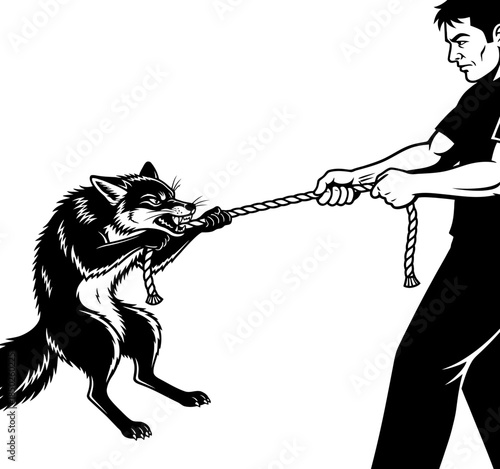 Man and fox in a tug of war black and white illustration rope pulling