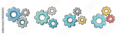 Group of colorful, hand-drawn gears and cogs for industry and teamwork