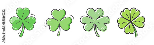 Four green shamrock and four-leaf clover icons in a doodle style