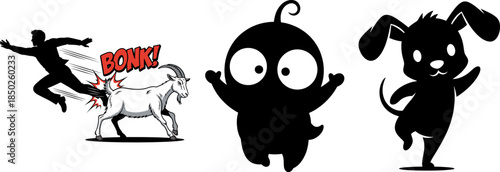 Man kicking goat comic style with cartoon characters bonk silhouette