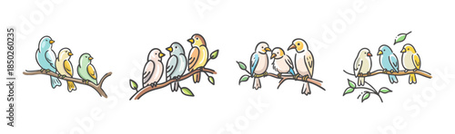 Charming illustration of colorful birds perched on tree branches, vector art