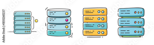 Collection of stacked computer servers, data storage, technology icons, vector