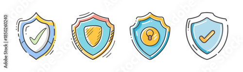 Assorted security shields with lock and checkmark icons, protection symbols, vector