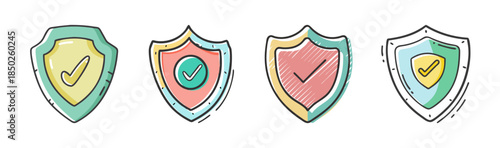 Set of stylized security shields with checkmarks, protection icons, vector art