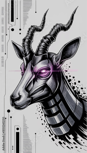 Fantastic illustration of a cybernetic robotic antelope head. Suitable for innovative robotics projects, logos, merch game illustrations, and covers. Vector. EPS.