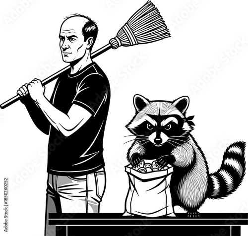 Man with broom stands next to raccoon with bag of coins animal