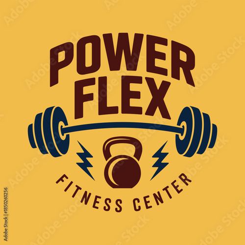 Power Flex Fitness Center Mascot with Bulldog Kettlebell and Barbell Vector