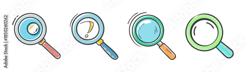 Set of four cartoon magnifying glasses, one with a question mark inside