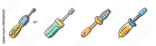 Collection of four cartoon screwdrivers with colorful handles and metal tips