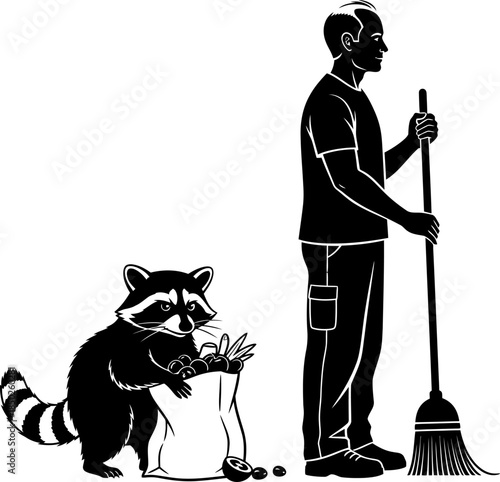Raccoon Stealing Food from a Bag Next to a Man with a Broom animal bandit