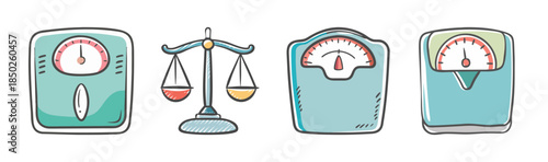 Collection of four hand-drawn weight scales and balance scales icons